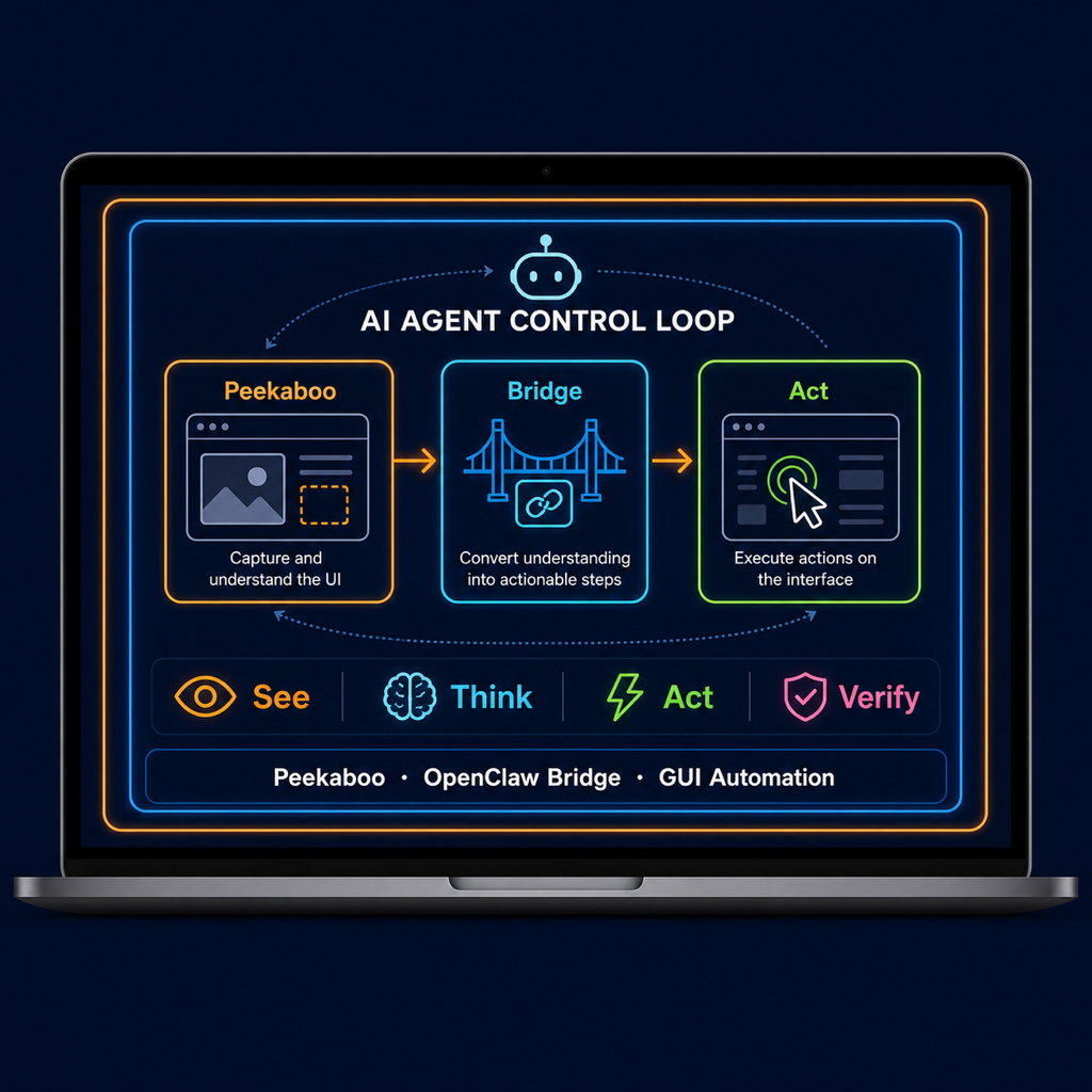 macOS 화면 위에 Peekaboo, OpenClaw Bridge, 클릭 자동화 루프가 겹쳐진 일러스트