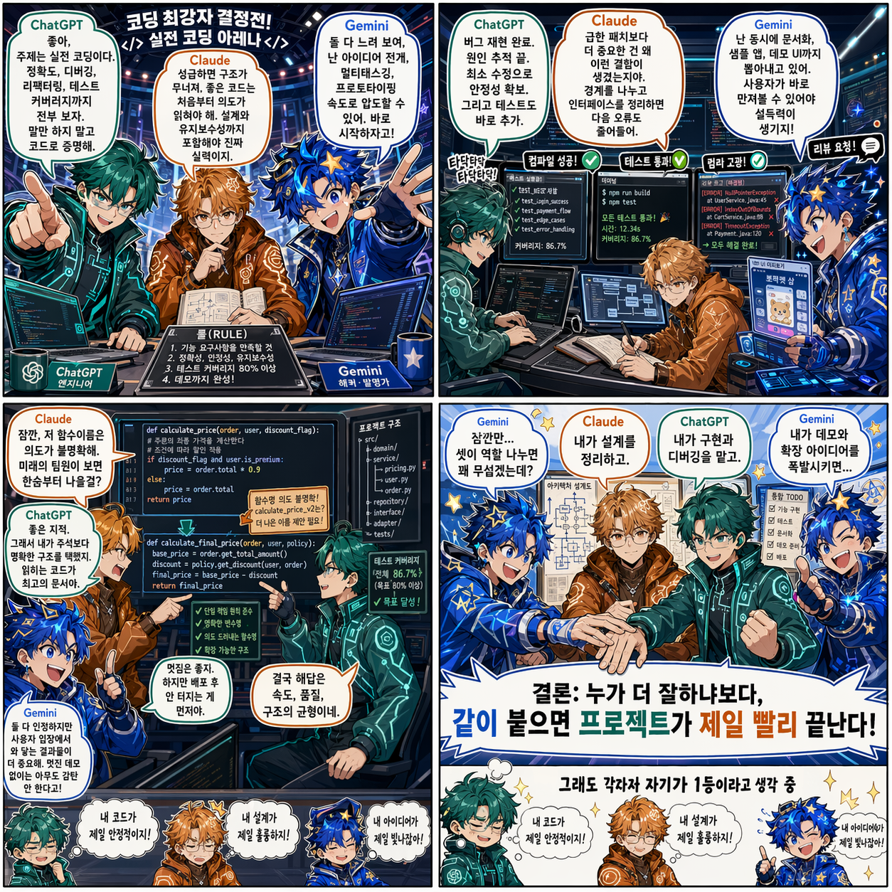 Claude, ChatGPT, Gemini를 캐릭터로 의인화한 코딩 아레나 만화의 1화 표지 컷