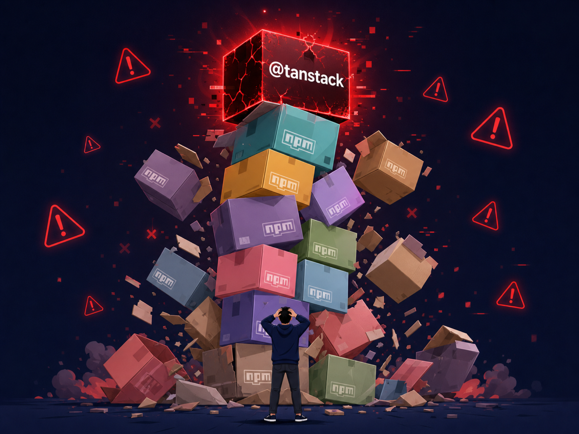 npm 공급망 공격 일러스트 — 무너지는 패키지 더미