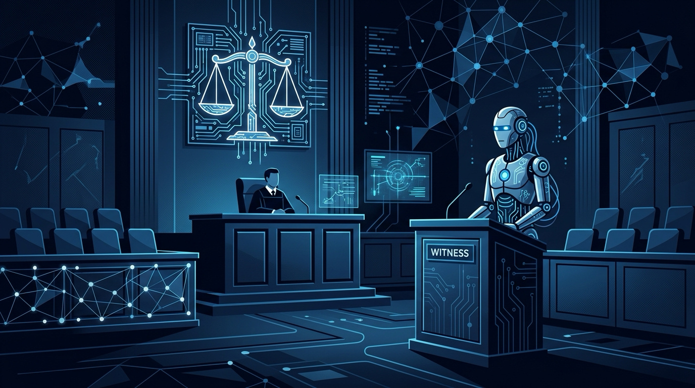 AI 규제와 에이전트 자율성의 교차점 — 법정 스케일과 회로 기판이 결합된 추상 일러스트