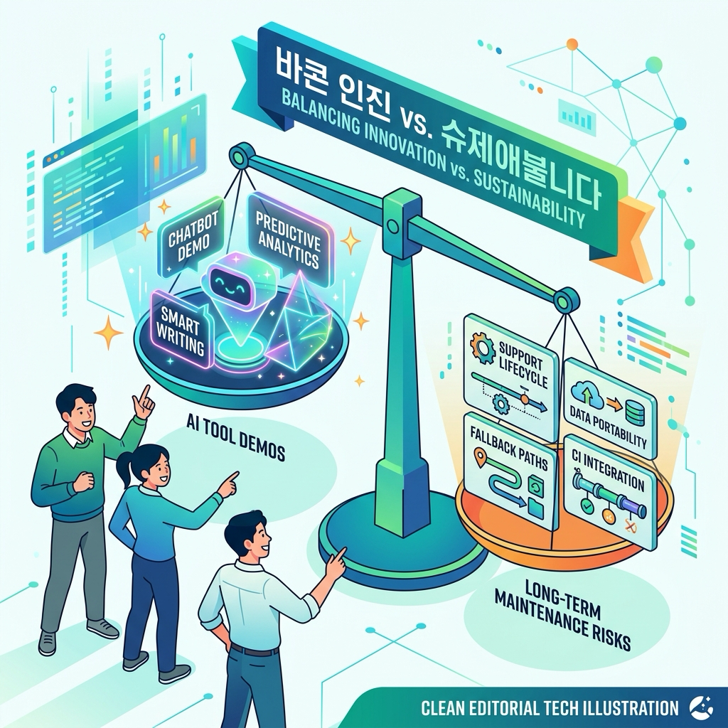 AI 도구 선택 과정에서 기능 데모와 유지보수 리스크를 저울질하는 개발팀의 모습을 표현한 기술 일러스트