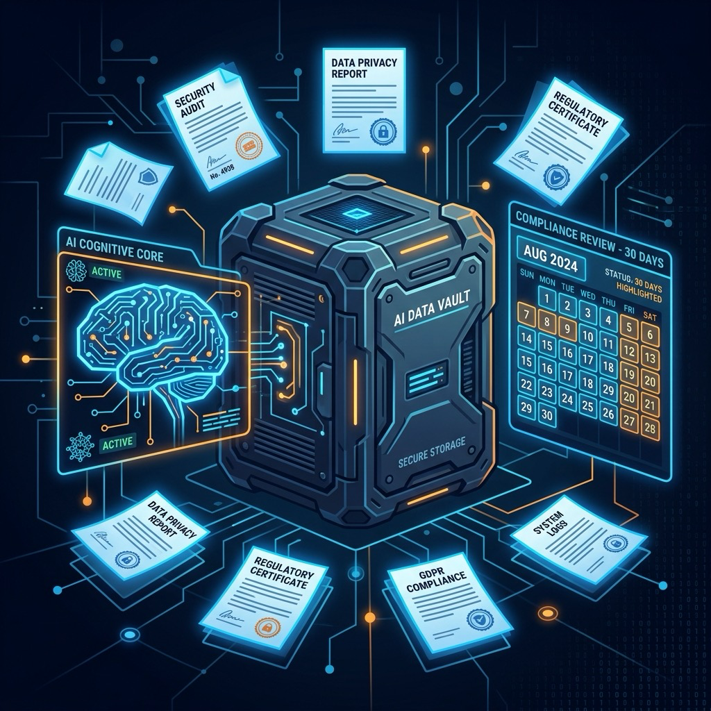 데이터 보존 요건과 AI API 컴플라이언스 궤적을 나타내는 기술 일러스트