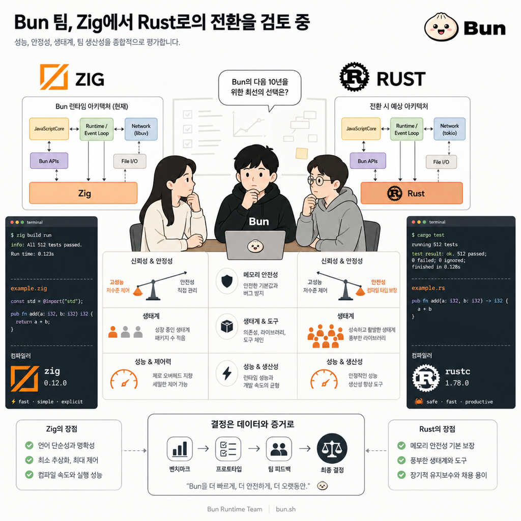 Bun 런타임 팀이 Zig와 Rust 사이에서 유지보수성과 신뢰를 저울질하는 장면을 표현한 기술 일러스트
