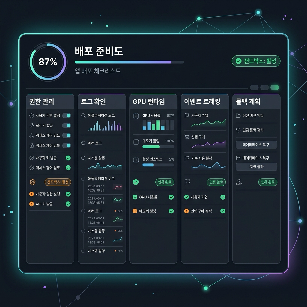 바이브코딩 앱 공개 전 샌드박스 체크리스트: 권한, 로그, GPU, 이벤트, 롤백