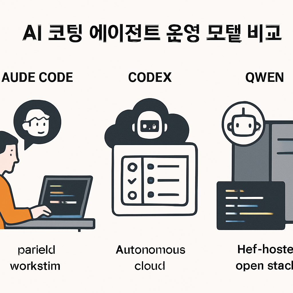 Claude Code, Codex, 오픈 Qwen의 세 가지 운영 모델을 비교한 일러스트
