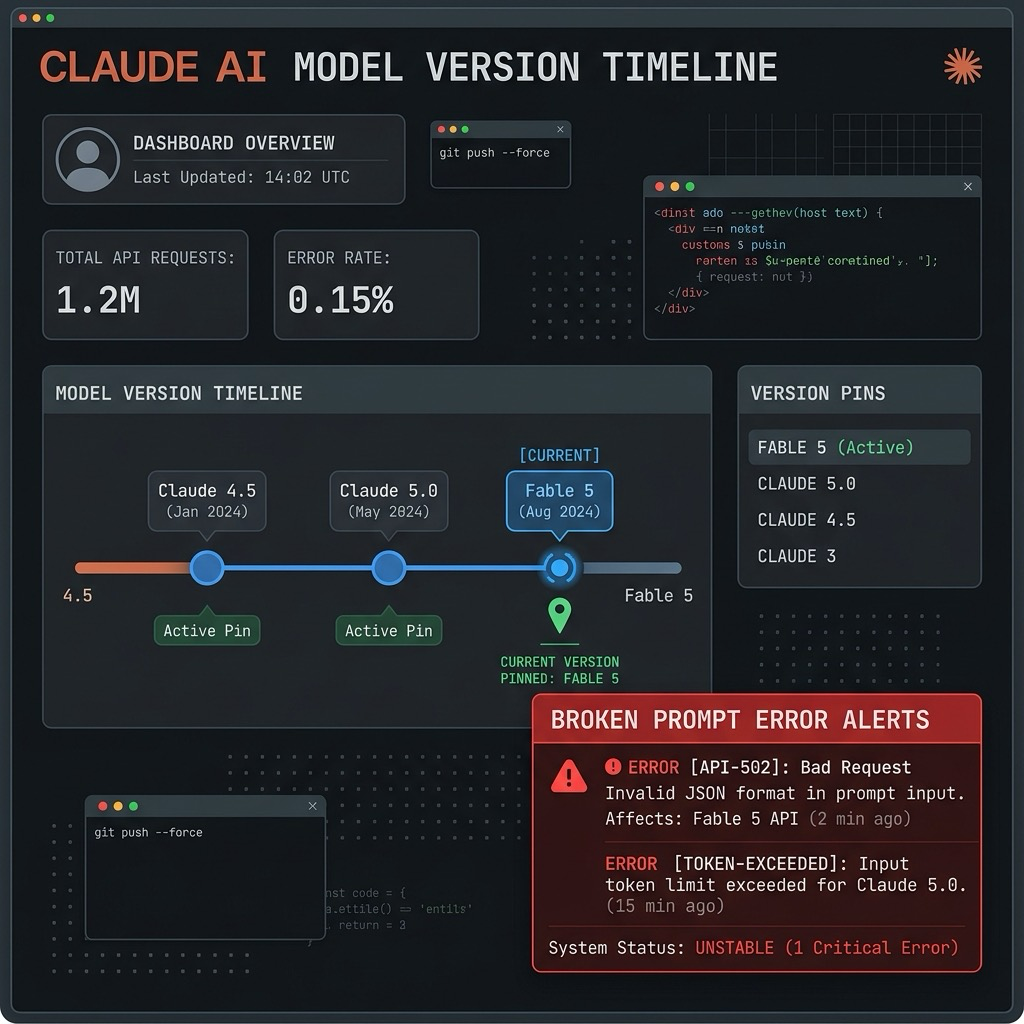 Claude 모델 버전 타임라인과 프롬프트 호환성 문제를 보여주는 개발자 대시보드 일러스트