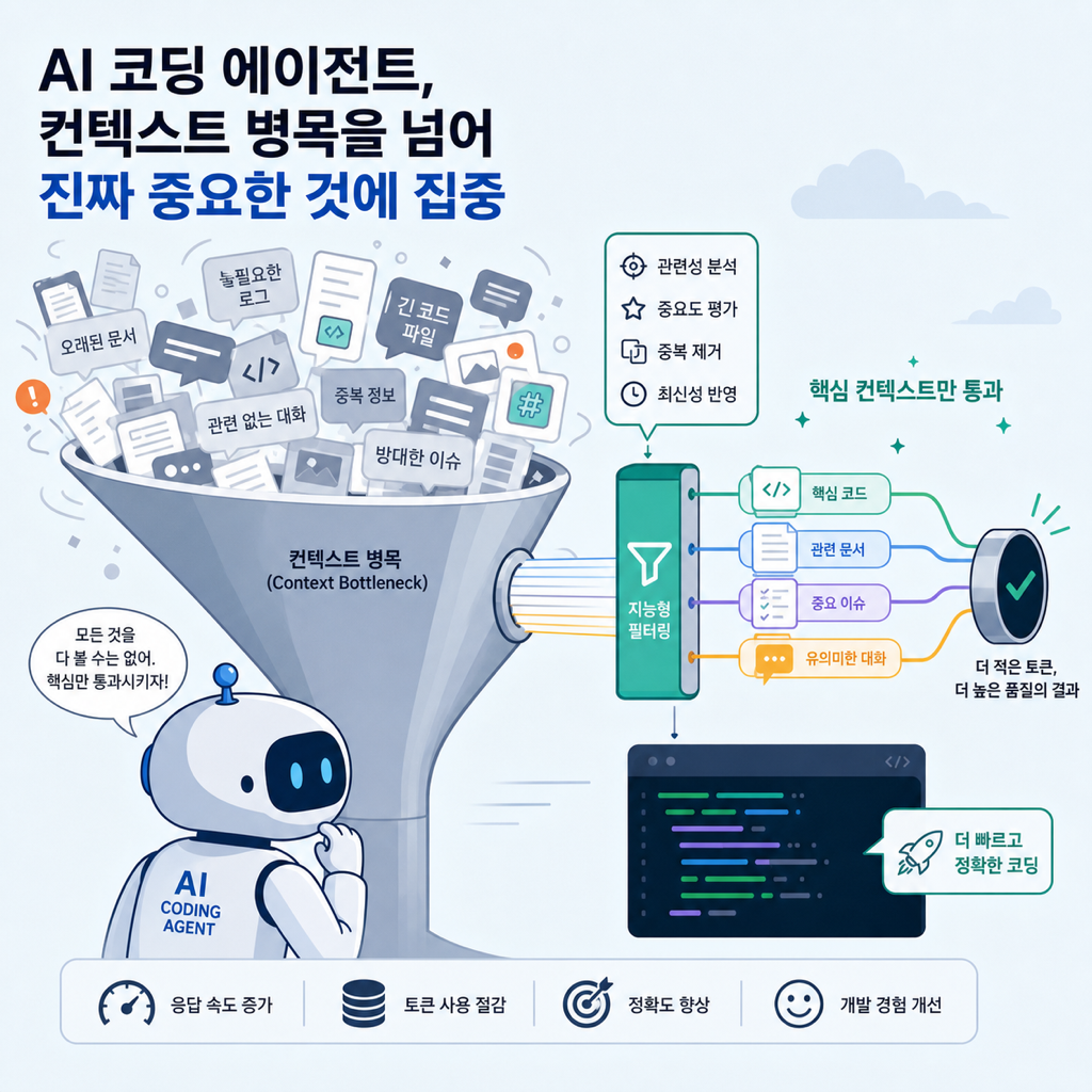 AI 코딩 에이전트 앞에 거대한 컨텍스트 병목과 이를 정리하는 라우팅 레이어를 표현한 일러스트