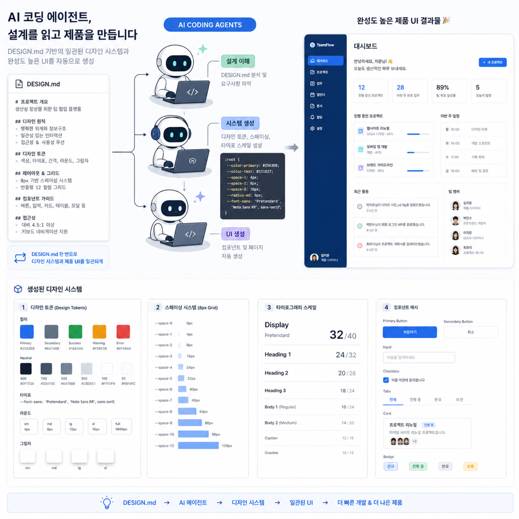 AI 코딩 에이전트가 DESIGN.md 문서를 읽고 일관된 UI를 생성하는 모습을 표현한 기술 일러스트