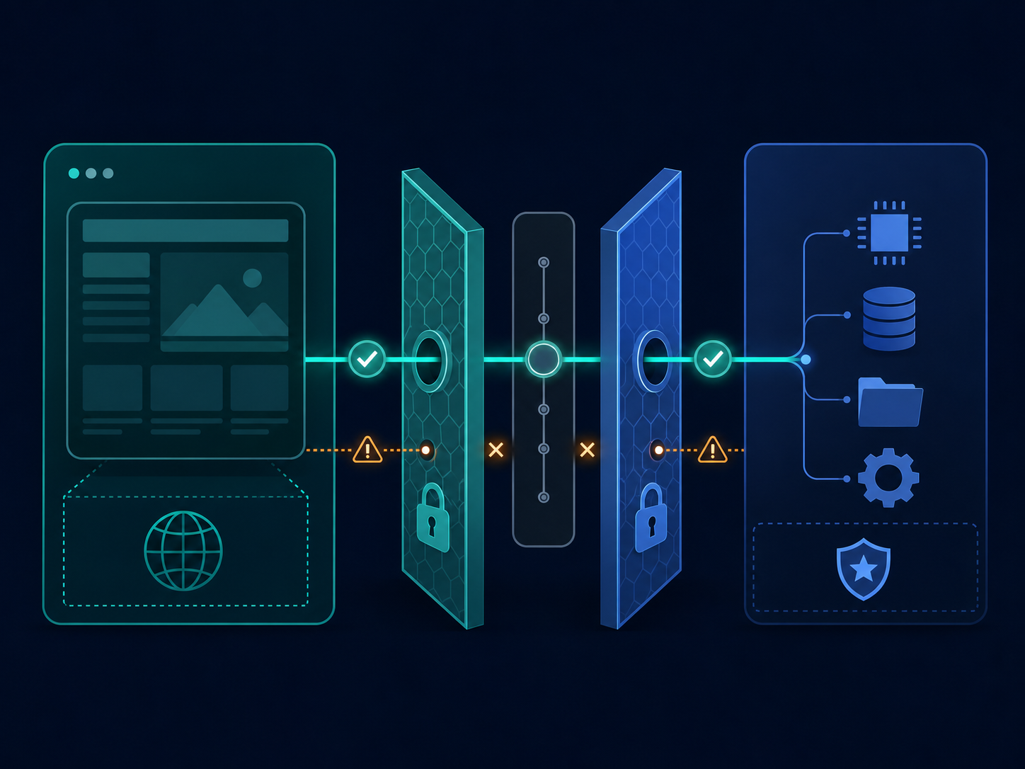 Electron 데스크톱 앱의 renderer, preload, main 프로세스 사이에 권한 게이트가 있는 모습