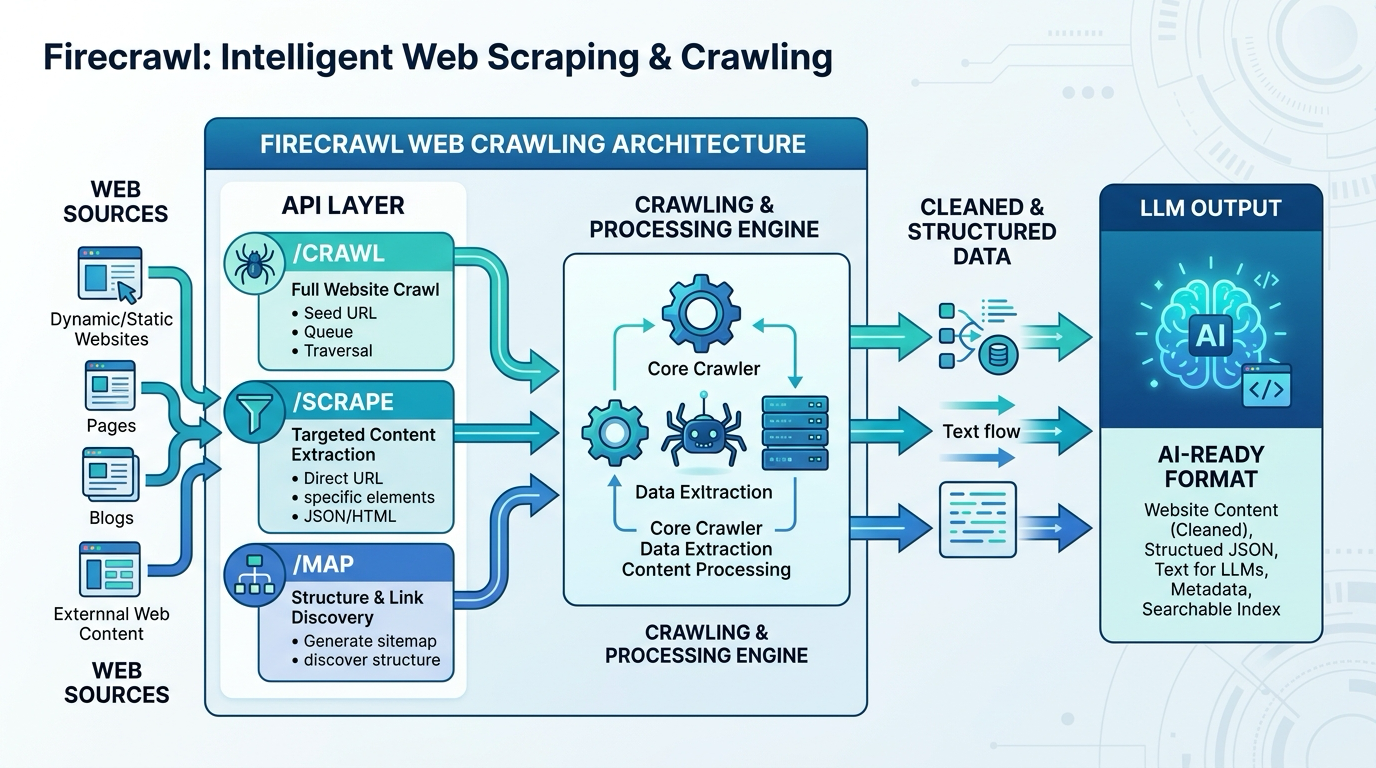 Firecrawl 크롤링 아키텍처 — 에이전트 API 레이어와 웹 수집 계층 분리