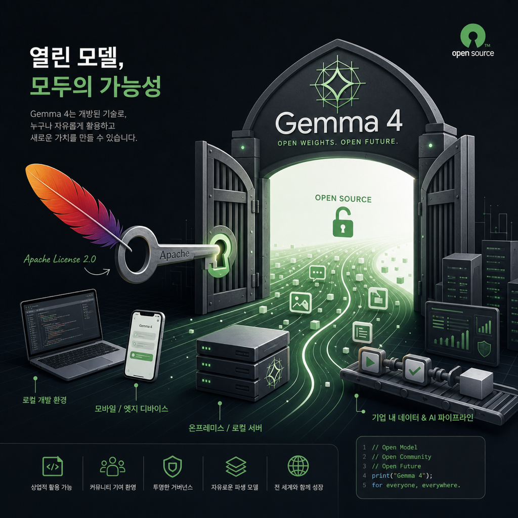 Gemma 4 Apache 2.0 전환으로 로컬 AI 생태계가 열리는 일러스트