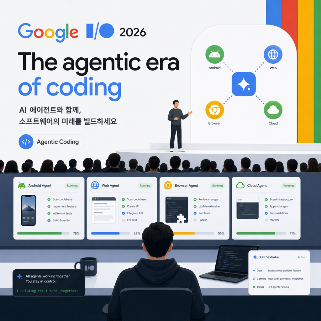Google I/O 2026 무대 위에서 에이전트 기반 코딩 워크플로우가 Android, 웹, 클라우드로 퍼지는 모습을 표현한 기술 일러스트