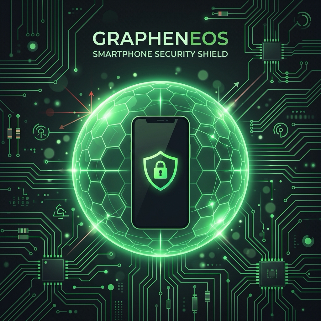 GrapheneOS와 Android 17 보안 아키텍처 일러스트 — 쉴드와 스마트폰 레이어 구조