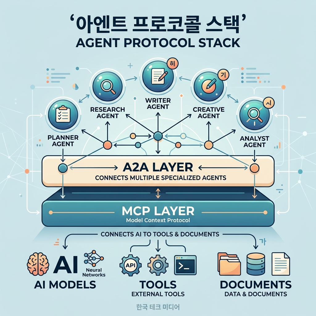 MCP와 A2A가 함께 구성하는 에이전트 프로토콜 스택을 보여주는 일러스트