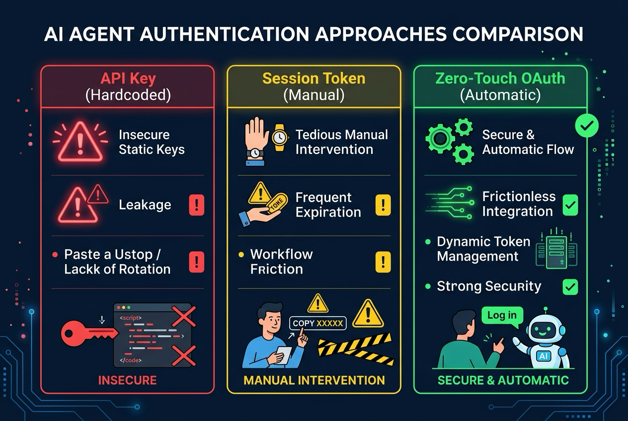 에이전트 인증 비교: API 키 vs 세션 토큰 vs Zero-Touch OAuth