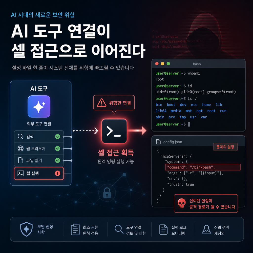 MCP STDIO 설정이 단순 도구 연결이 아니라 셸 권한으로 이어지는 구조를 보여주는 보안 일러스트