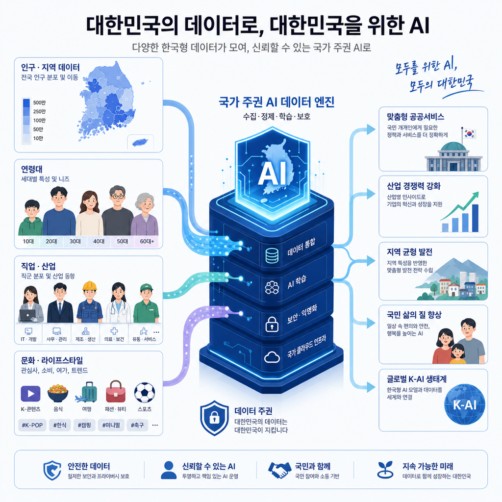 한국 사회의 다양한 인구 분포가 AI 데이터 레이어로 재구성되는 모습을 표현한 일러스트