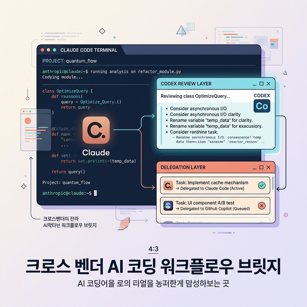 Claude Code 세션 안에서 Codex 리뷰와 작업 위임이 연결되는 워크플로우 일러스트