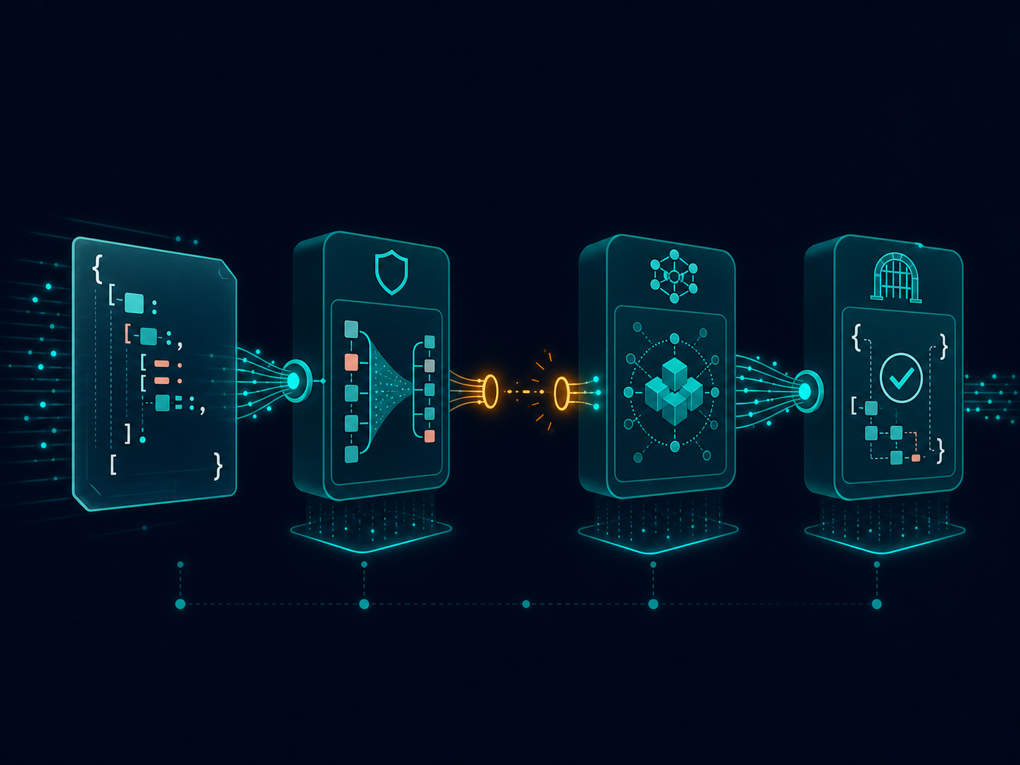 OpenAI 호환 API 요청의 JSON schema가 프록시와 추론 서버를 지나 출력 검증 게이트로 전달되는 모습
