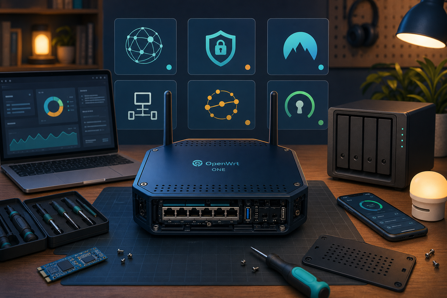 OpenWrt One 공유기가 집 안 로컬 네트워크와 홈랩 장치를 조용히 제어하는 장면
