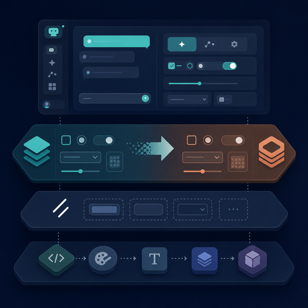 shadcn/ui wrapper 아래에서 Radix와 Base UI가 기본값 경쟁을 하는 모습과 그 위의 agent UI control surface