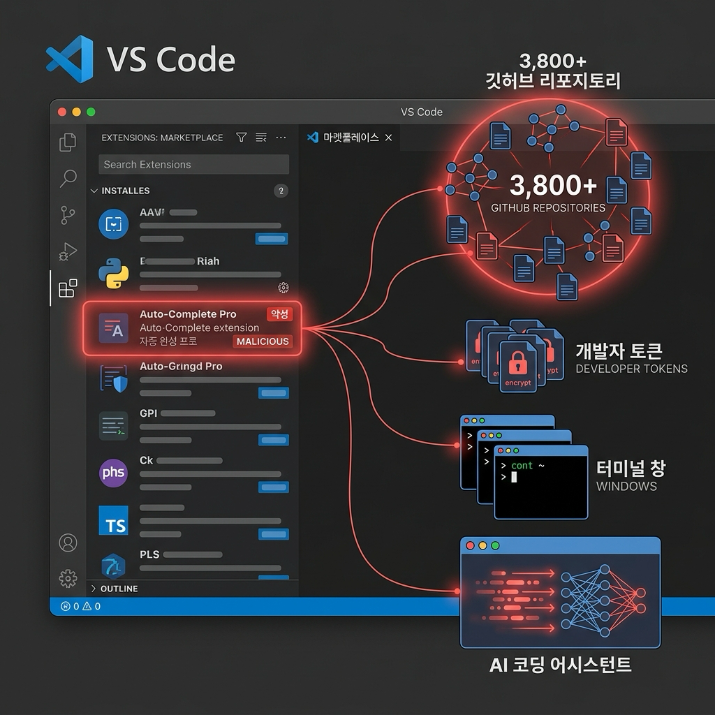 악성 VSCode 확장이 개발자 저장소와 토큰 공급망을 침해하는 장면을 표현한 보안 일러스트